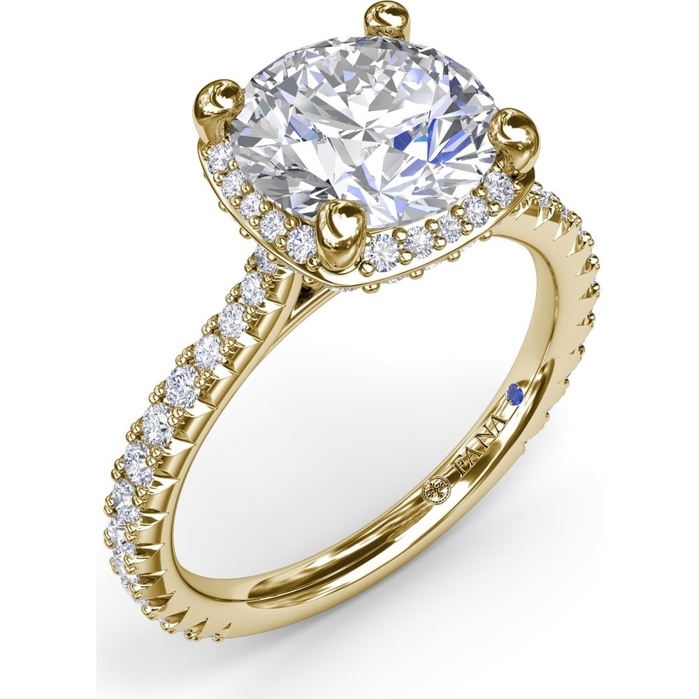 Cushion Cut Diamond Halo Engagement Ring Setting with Cathedral Setting and Pavé Band by Fana - 0.68 Carat Total Diamond Weight
