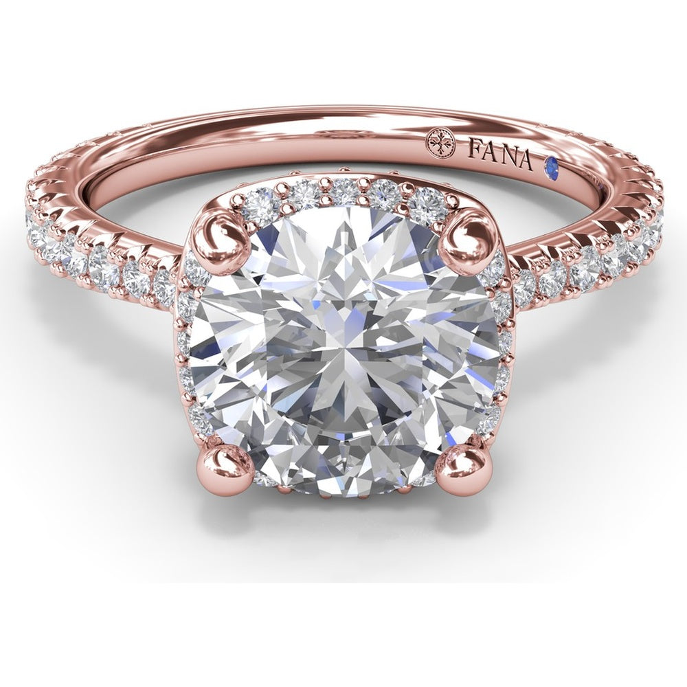 Cushion Cut Diamond Halo Engagement Ring Setting with Cathedral Setting and Pavé Band by Fana - 0.68 Carat Total Diamond Weight