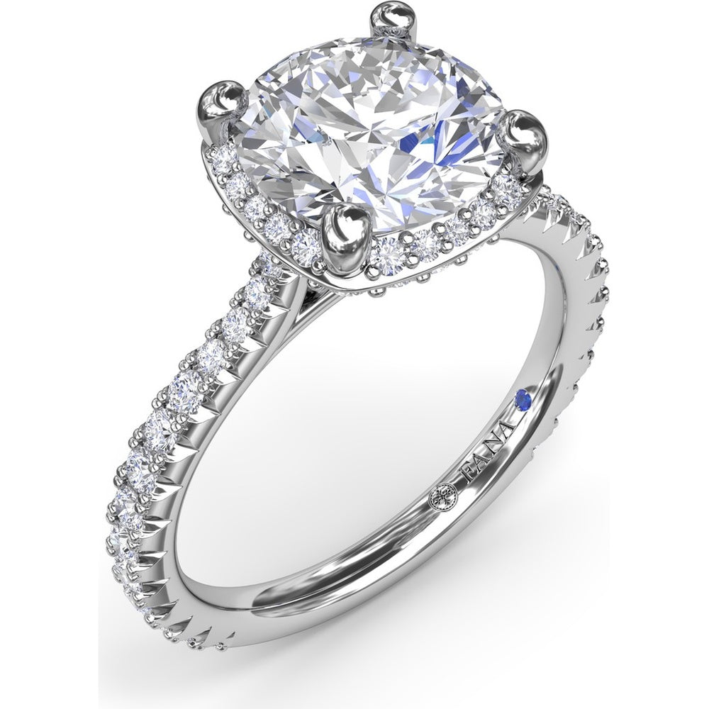 Cushion Cut Diamond Halo Engagement Ring Setting with Cathedral Setting and Pavé Band by Fana - 0.68 Carat Total Diamond Weight