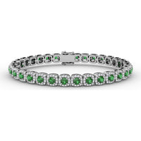 Cushion Cut Emerald and Diamond Halo Tennis Bracelet by Fana - 5.44 Carat Total Gemstone Weight