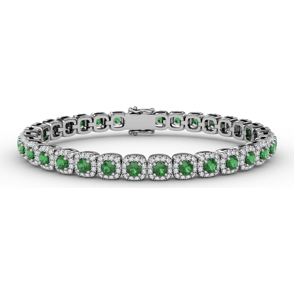 Cushion Cut Emerald and Diamond Halo Tennis Bracelet by Fana - 5.44 Carat Total Gemstone Weight