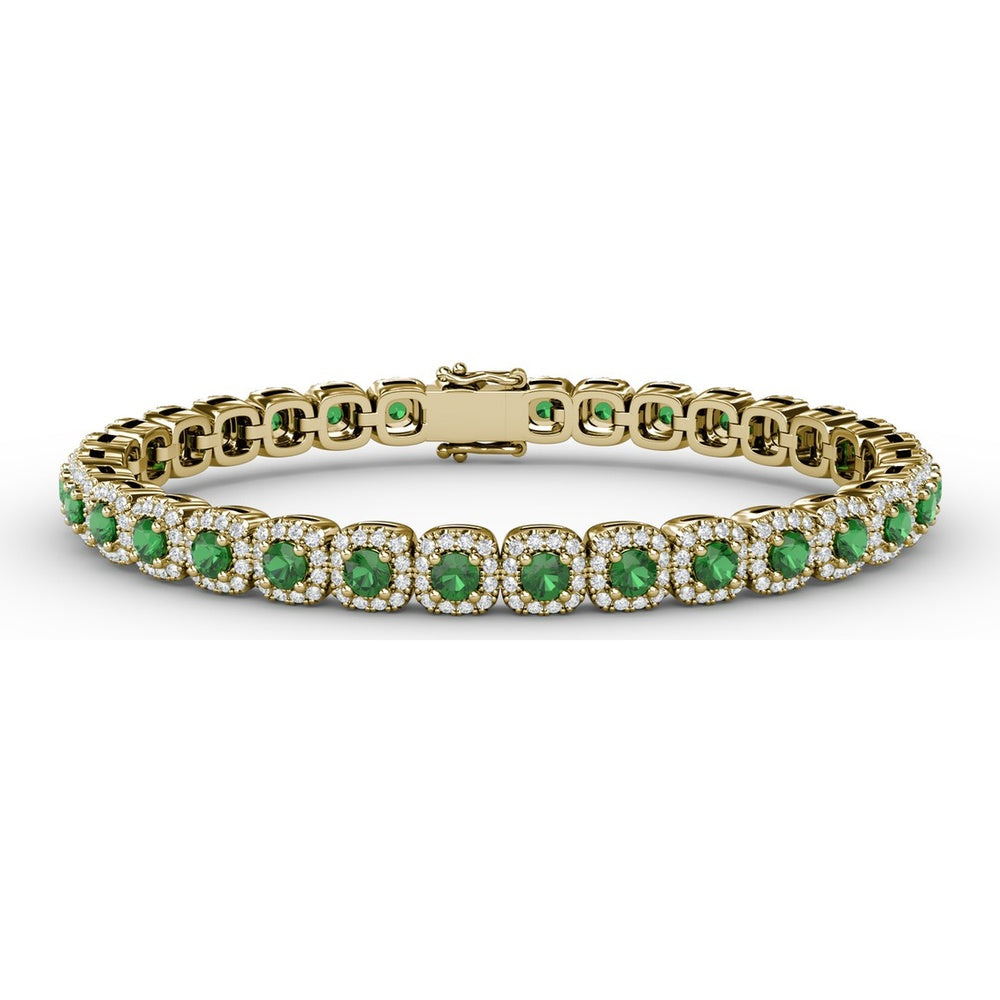 Cushion Cut Emerald and Diamond Halo Tennis Bracelet by Fana - 5.44 Carat Total Gemstone Weight