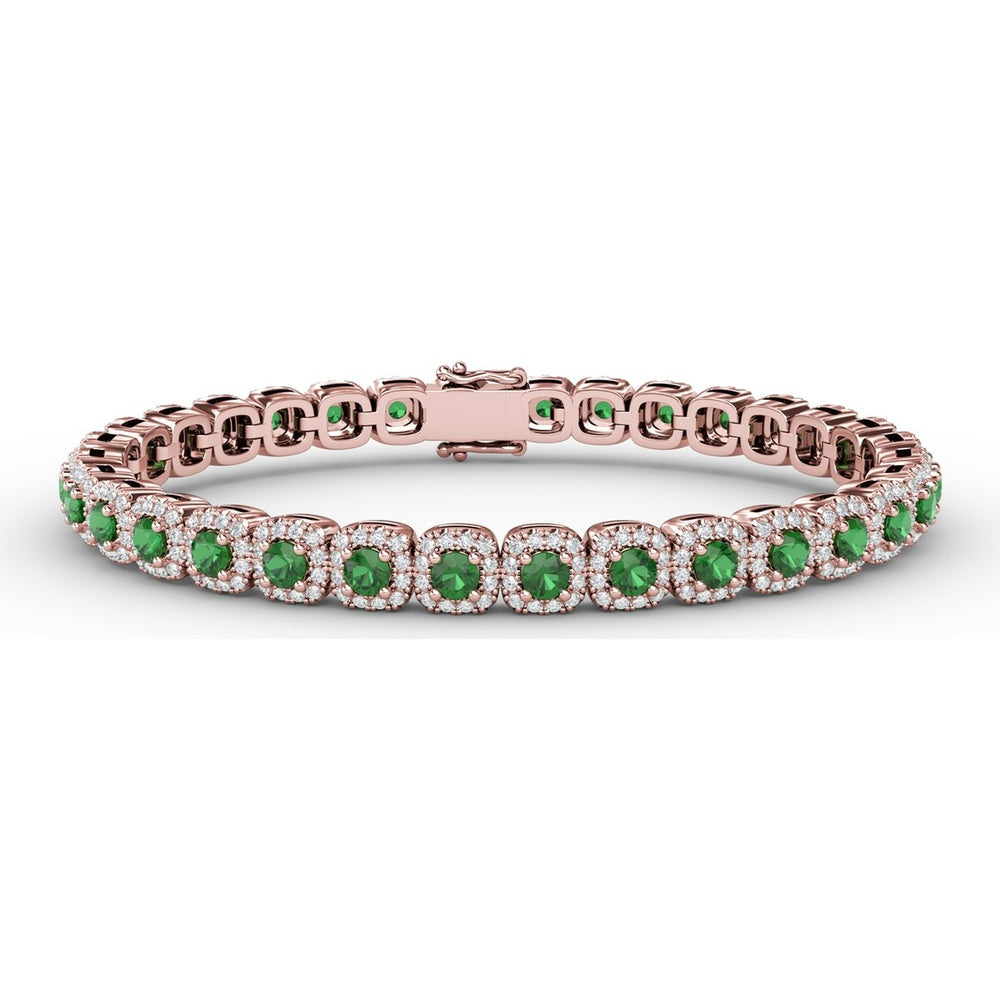 Cushion Cut Emerald and Diamond Halo Tennis Bracelet by Fana - 5.44 Carat Total Gemstone Weight