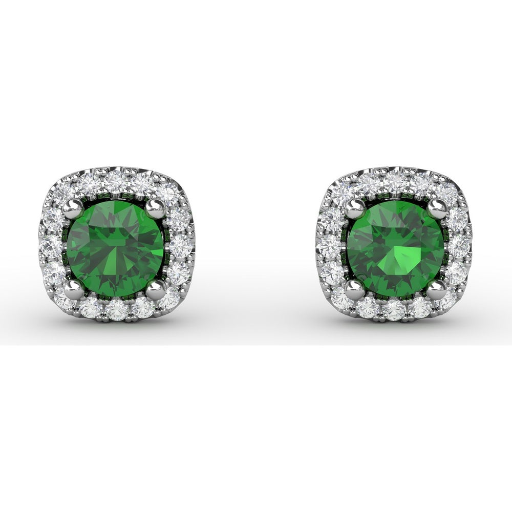 Cushion Cut Emerald Stud Earrings with Diamond Halo by Fana - 0.67 Carat Total Gemstone Weight