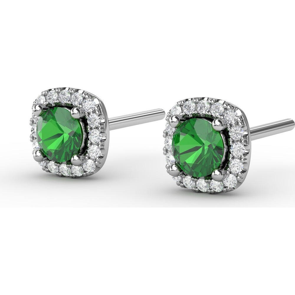 Cushion Cut Emerald Stud Earrings with Diamond Halo by Fana - 0.67 Carat Total Gemstone Weight