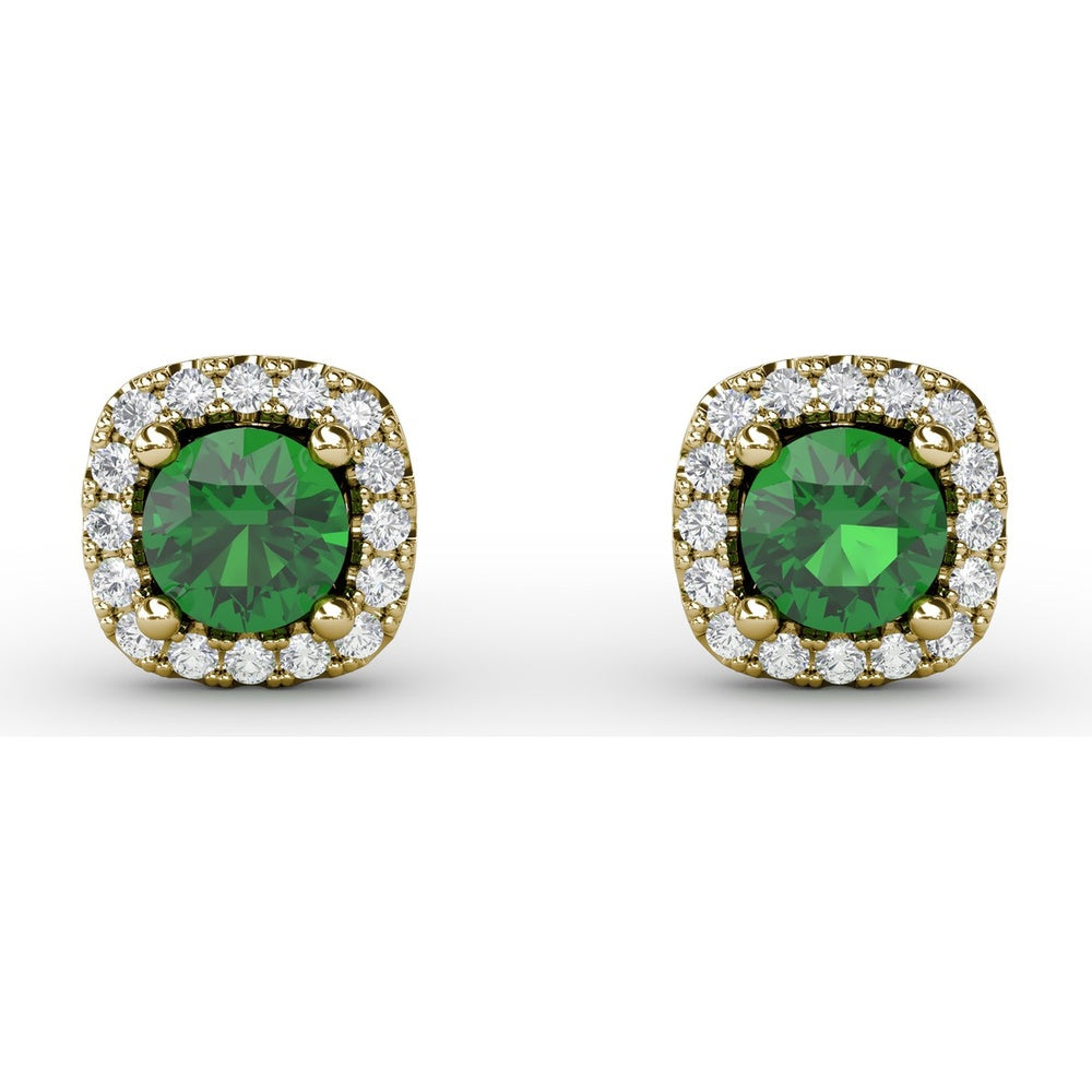 Cushion Cut Emerald Stud Earrings with Diamond Halo by Fana - 0.67 Carat Total Gemstone Weight