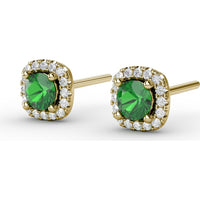 Cushion Cut Emerald Stud Earrings with Diamond Halo by Fana - 0.67 Carat Total Gemstone Weight