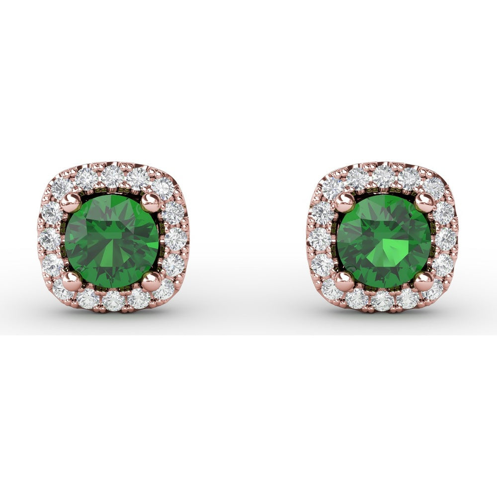 Cushion Cut Emerald Stud Earrings with Diamond Halo by Fana - 0.67 Carat Total Gemstone Weight