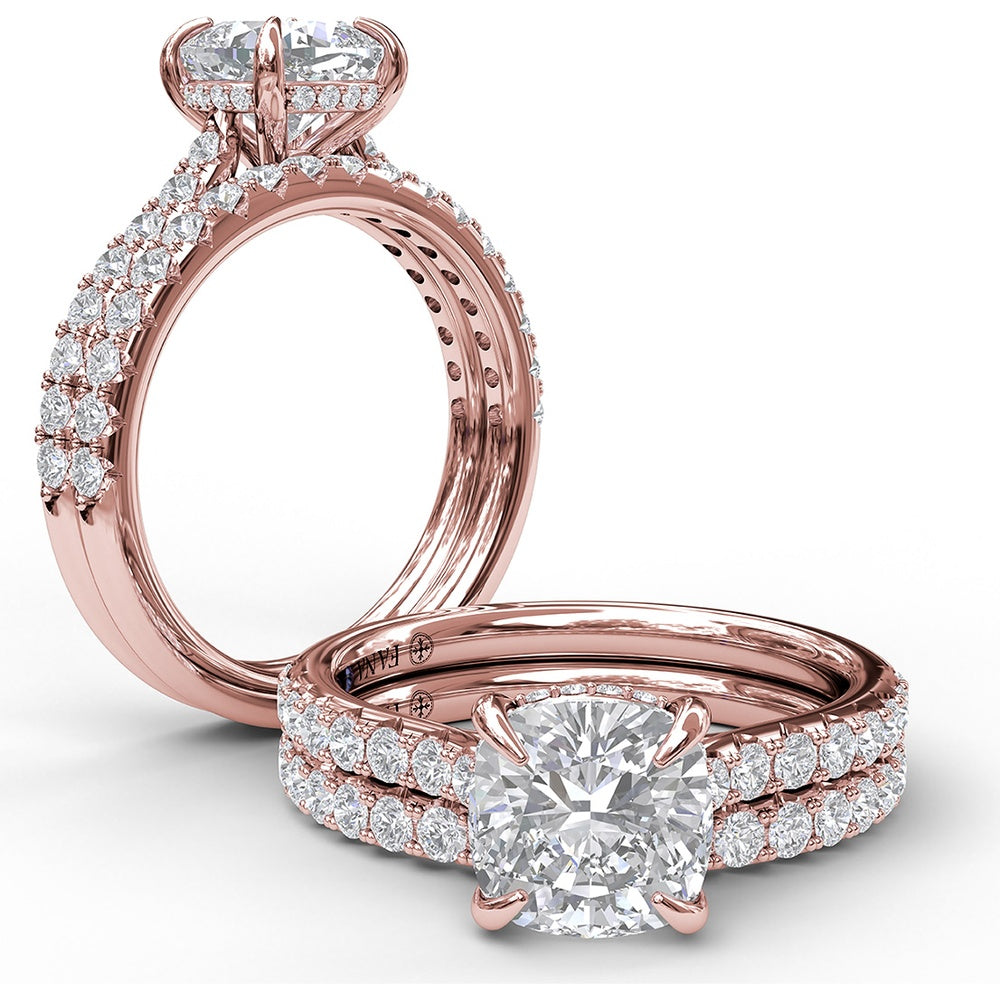Cushion Cut Engagement Ring Setting with Pavé Diamond Shank and Hidden Halo by Fana - 0.39 Carat Total Diamond Weight