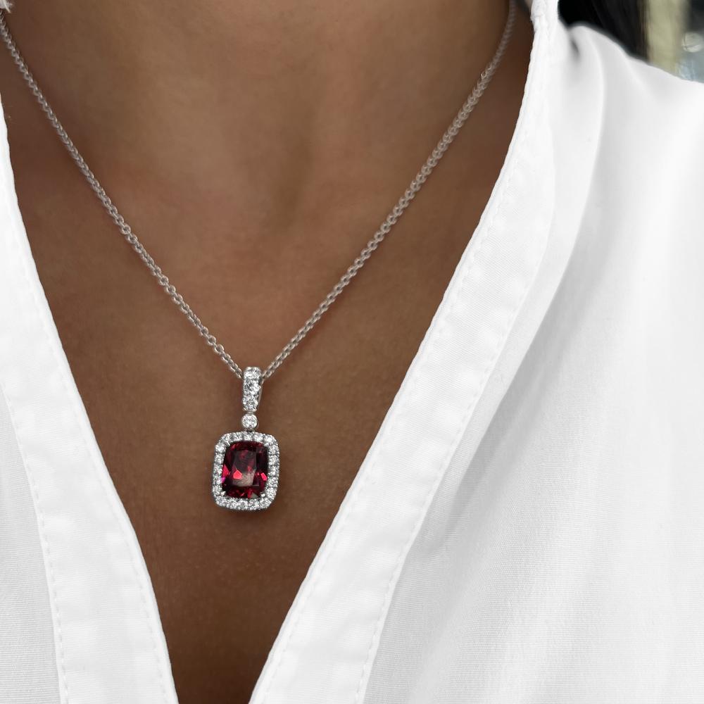 Cushion Cut Garnet and Diamond Pendant Necklace in 18K White Gold by Charles Krypell