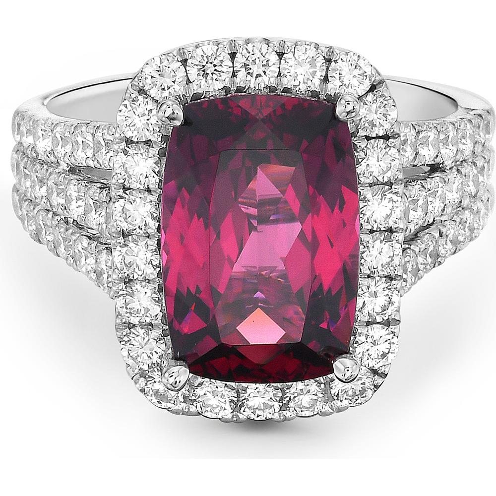 Cushion Cut Garnet and Diamond Triple Row Split Shank Ring in 18K White Gold by Charles Krypell