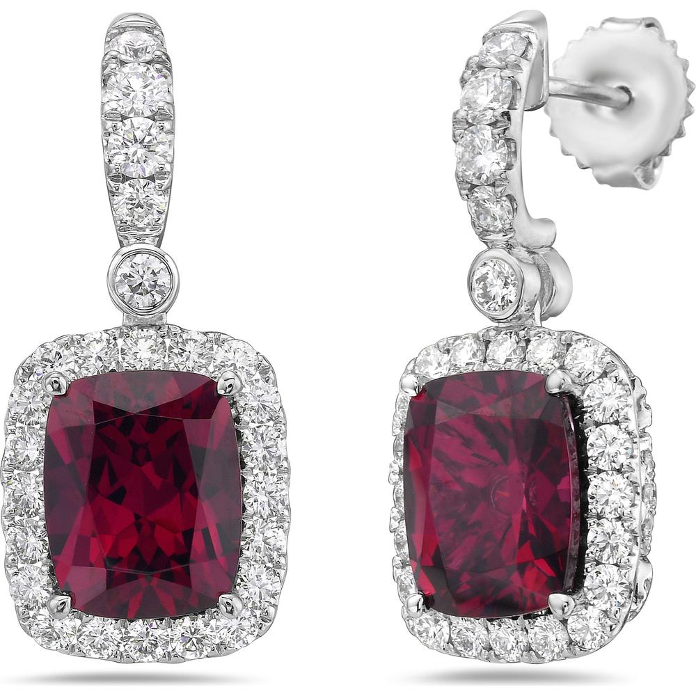 Cushion Cut Garnet, Diamond and Pink Sapphire Drop Earrings in 18K White Gold by Charles Krypell