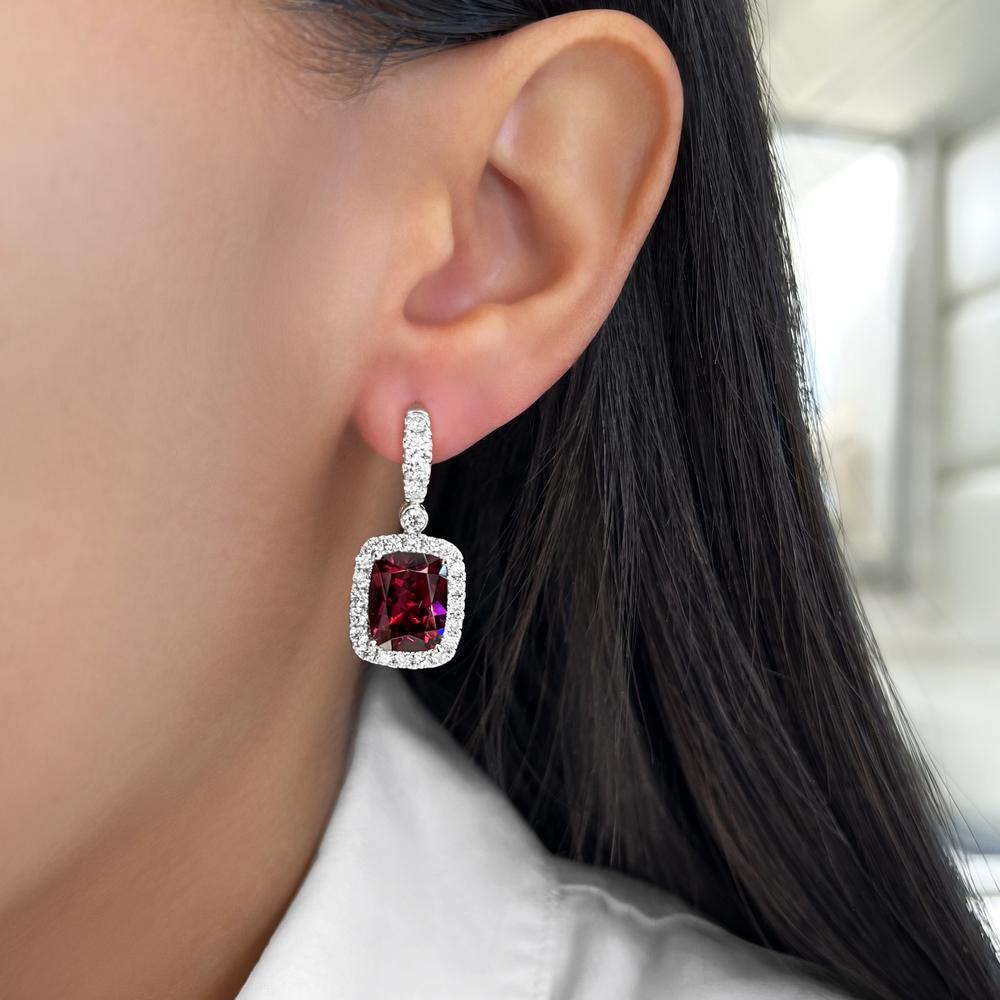 Cushion Cut Garnet, Diamond and Pink Sapphire Drop Earrings in 18K White Gold by Charles Krypell