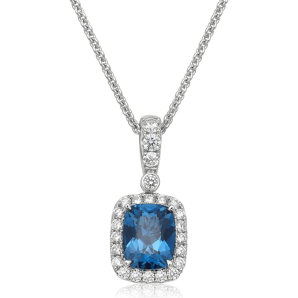 Cushion Cut London Blue Topaz, Diamond and Blue Sapphire Pendant Necklace in 18K White Gold by Charles Krypell