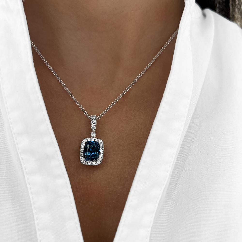 Cushion Cut London Blue Topaz, Diamond and Blue Sapphire Pendant Necklace in 18K White Gold by Charles Krypell