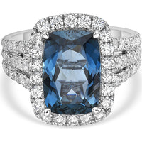 Cushion Cut London Blue Topaz, Diamond and Blue Sapphire Triple Row Split Shank Ring in 18K White Gold by Charles Krypell