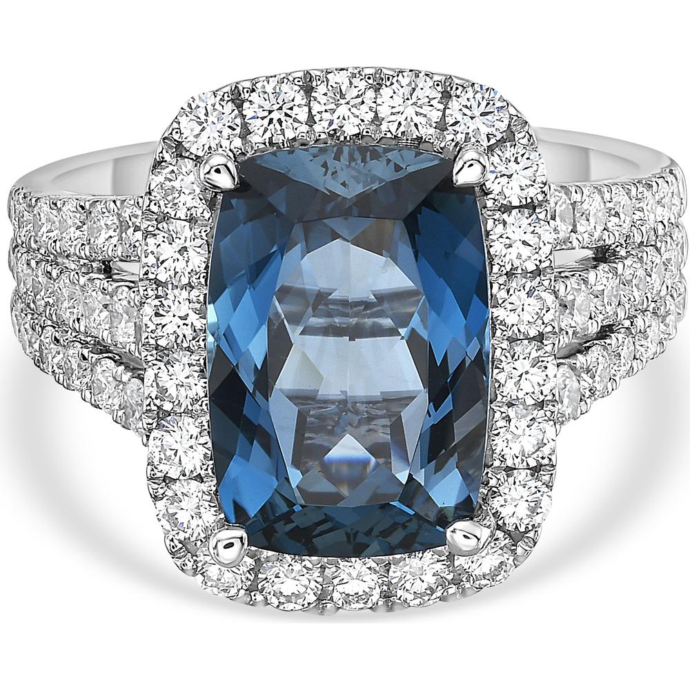 Cushion Cut London Blue Topaz, Diamond and Blue Sapphire Triple Row Split Shank Ring in 18K White Gold by Charles Krypell