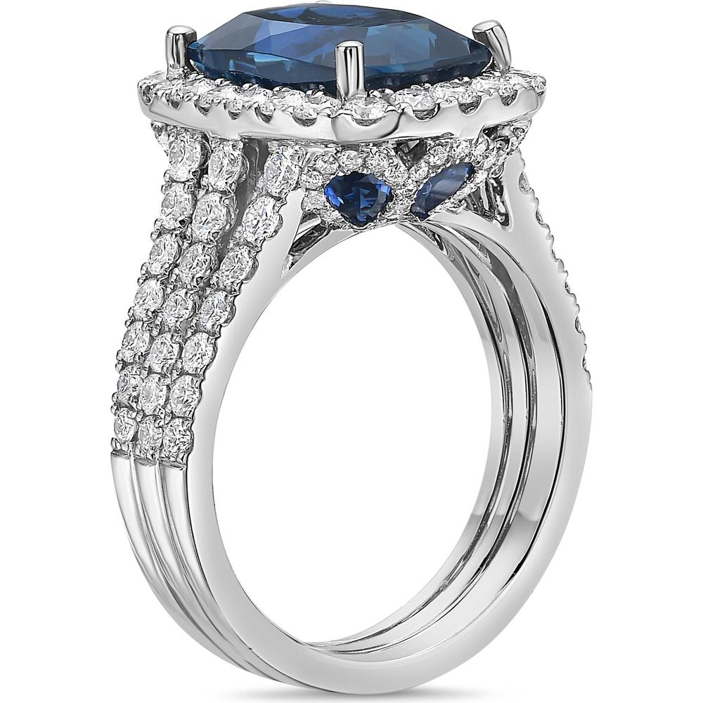 Cushion Cut London Blue Topaz, Diamond and Blue Sapphire Triple Row Split Shank Ring in 18K White Gold by Charles Krypell