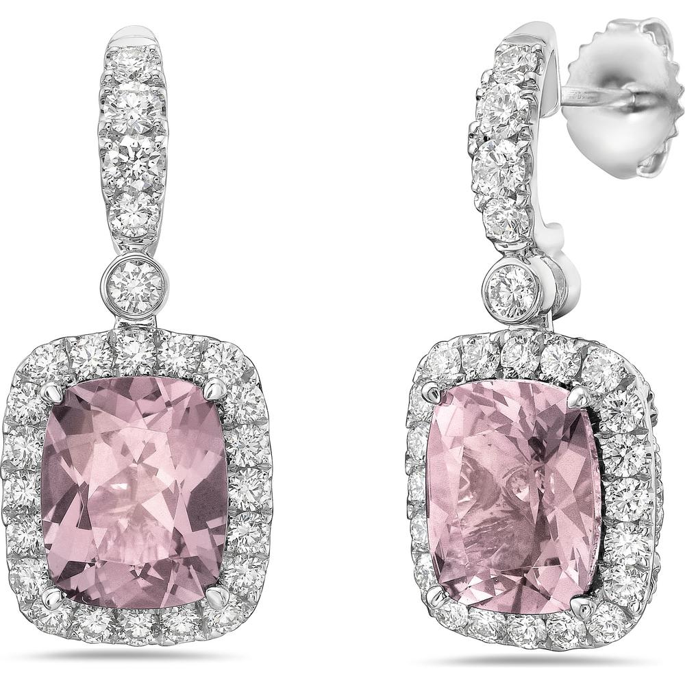Cushion Cut Morganite, Diamond and Pink Sapphire Drop Earrings in 18K White Gold by Charles Krypell