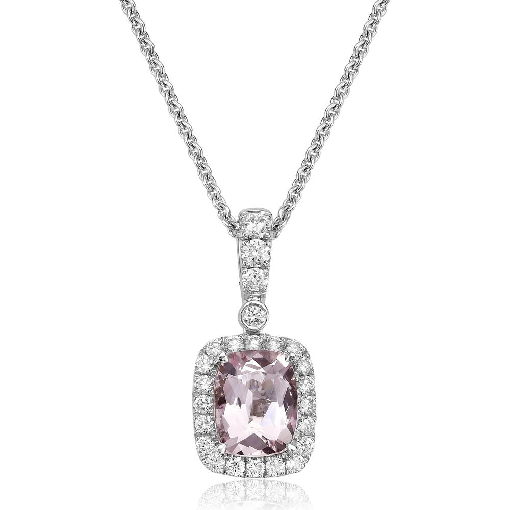 Cushion Cut Morganite, Diamond and Pink Sapphire Pendant Necklace in 18K White Gold by Charles Krypell