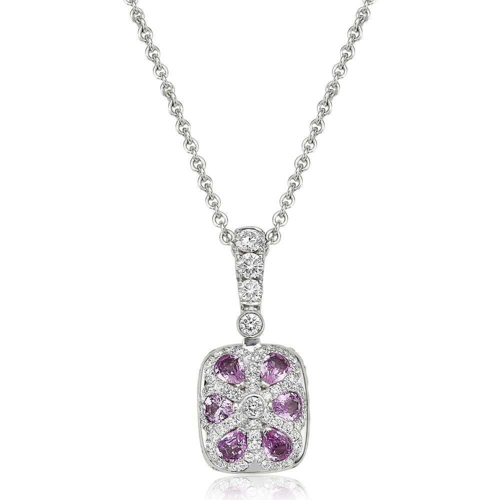 Cushion Cut Morganite, Diamond and Pink Sapphire Pendant Necklace in 18K White Gold by Charles Krypell