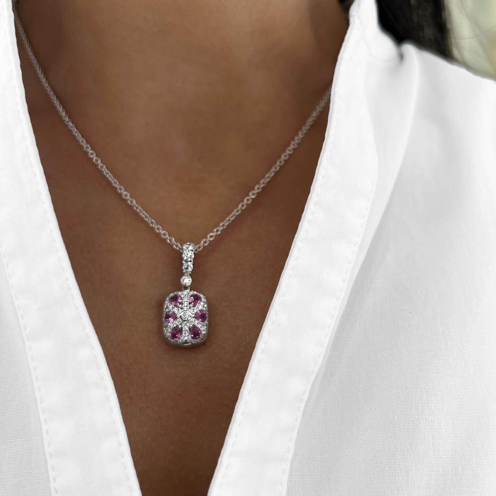 Cushion Cut Morganite, Diamond and Pink Sapphire Pendant Necklace in 18K White Gold by Charles Krypell