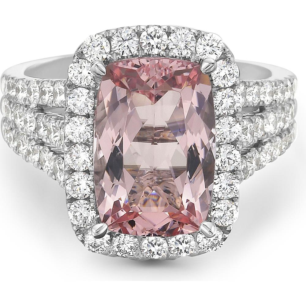 Cushion Cut Morganite, Diamond and Pink Sapphire Triple Row Split Shank Ring in 18K White Gold by Charles Krypell