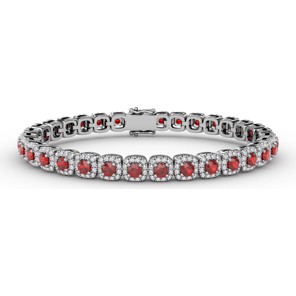 Cushion Cut Ruby and Diamond Halo Bracelet by Fana - 6.72 Carat Total Gemstone Weight