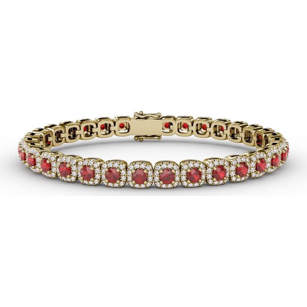 Cushion Cut Ruby and Diamond Halo Bracelet by Fana - 6.72 Carat Total Gemstone Weight
