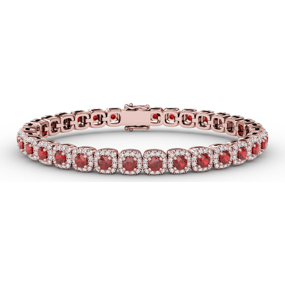 Cushion Cut Ruby and Diamond Halo Bracelet by Fana - 6.72 Carat Total Gemstone Weight