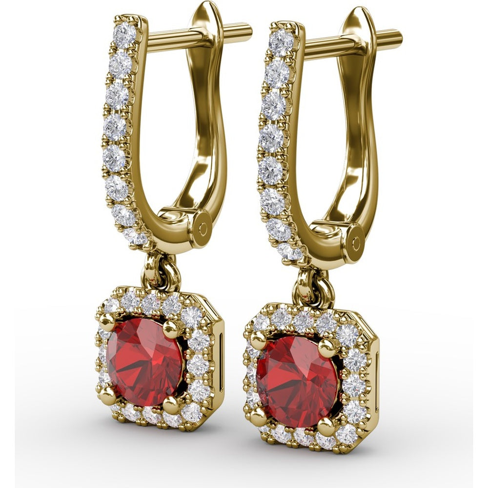 Cushion Cut Ruby and Pavé Diamond Dangle Earrings by Fana - 0.97 Carat Total Gemstone Weight