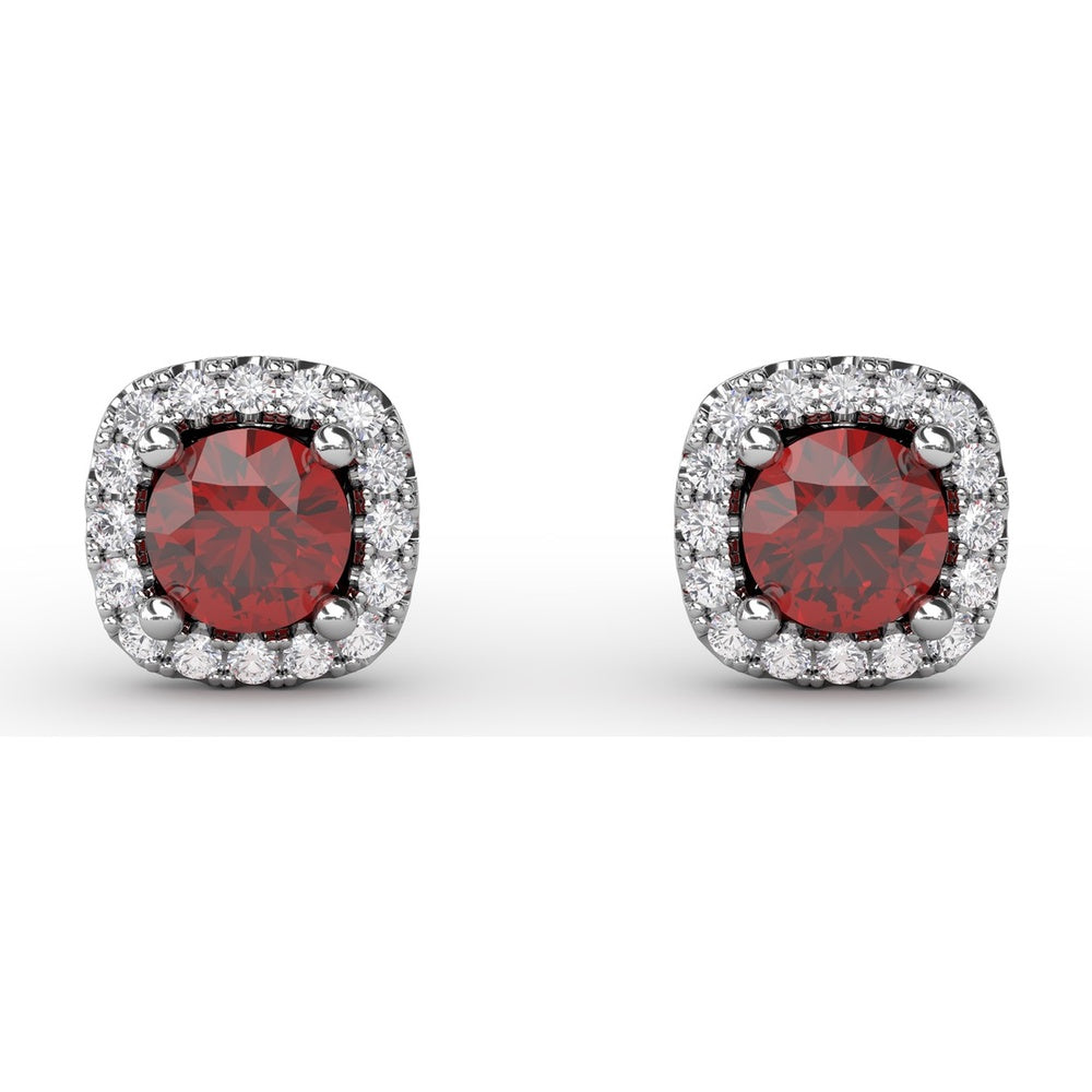 Cushion Cut Ruby Stud Earrings with Pavé Diamond Halo by Fana - 0.84 Carat Total Gemstone Weight