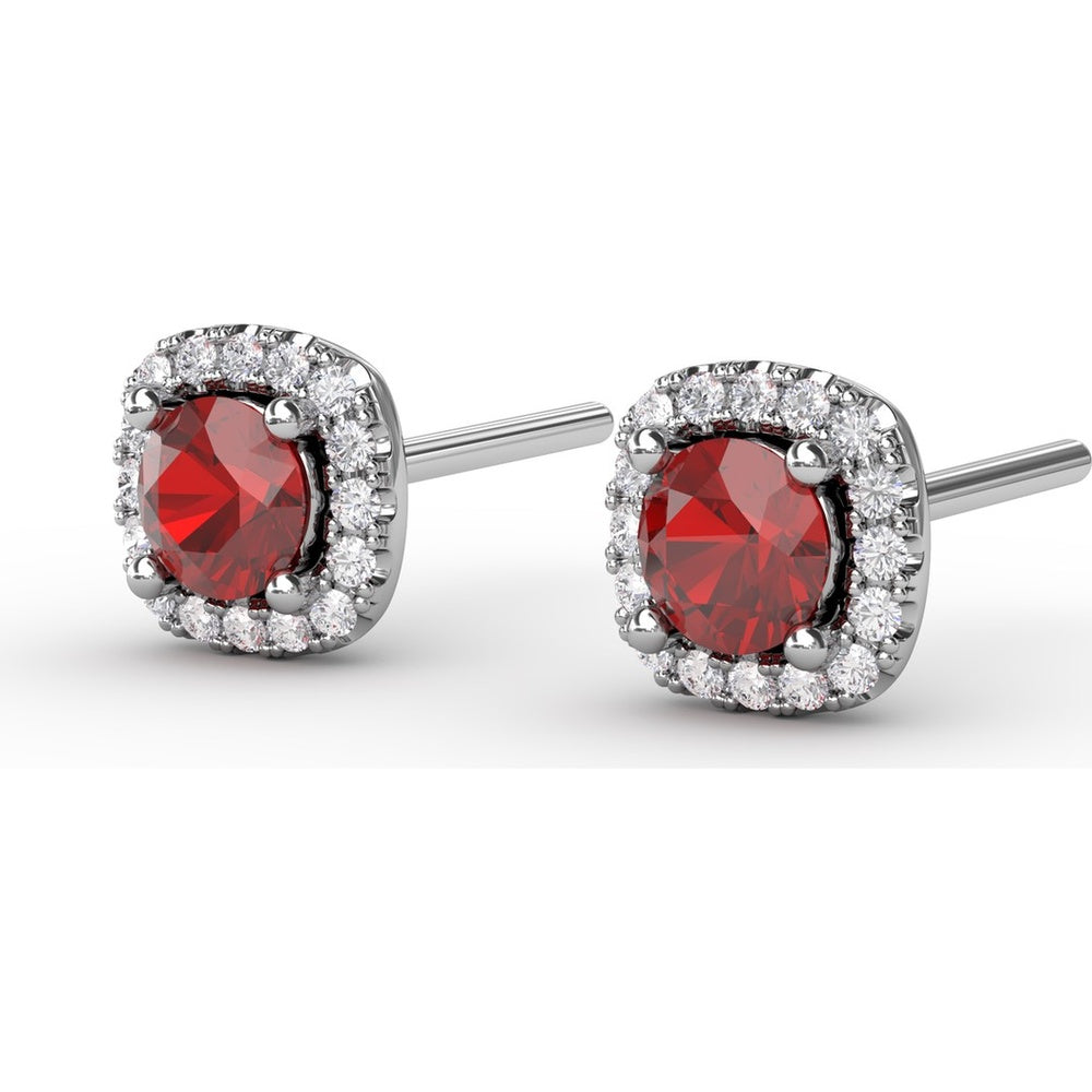 Cushion Cut Ruby Stud Earrings with Pavé Diamond Halo by Fana - 0.84 Carat Total Gemstone Weight