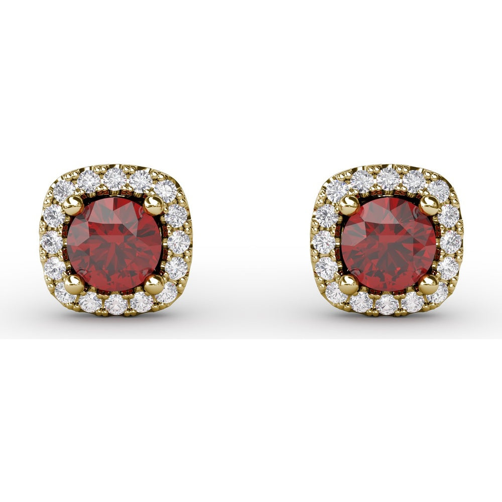 Cushion Cut Ruby Stud Earrings with Pavé Diamond Halo by Fana - 0.84 Carat Total Gemstone Weight
