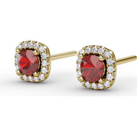 Cushion Cut Ruby Stud Earrings with Pavé Diamond Halo by Fana - 0.84 Carat Total Gemstone Weight