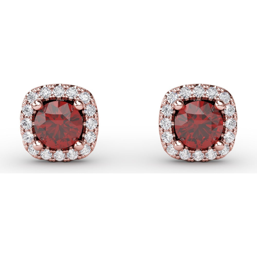 Cushion Cut Ruby Stud Earrings with Pavé Diamond Halo by Fana - 0.84 Carat Total Gemstone Weight
