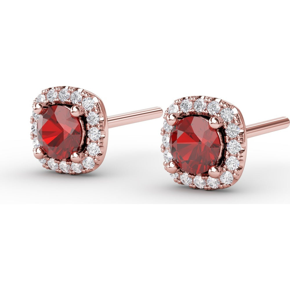 Cushion Cut Ruby Stud Earrings with Pavé Diamond Halo by Fana - 0.84 Carat Total Gemstone Weight