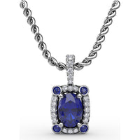 Cushion-Cut Sapphire Pendant with Pavé Diamond Halo and Bezel-Set Accent Stones by Fana - 1.33 Carat Total Gemstone Weight