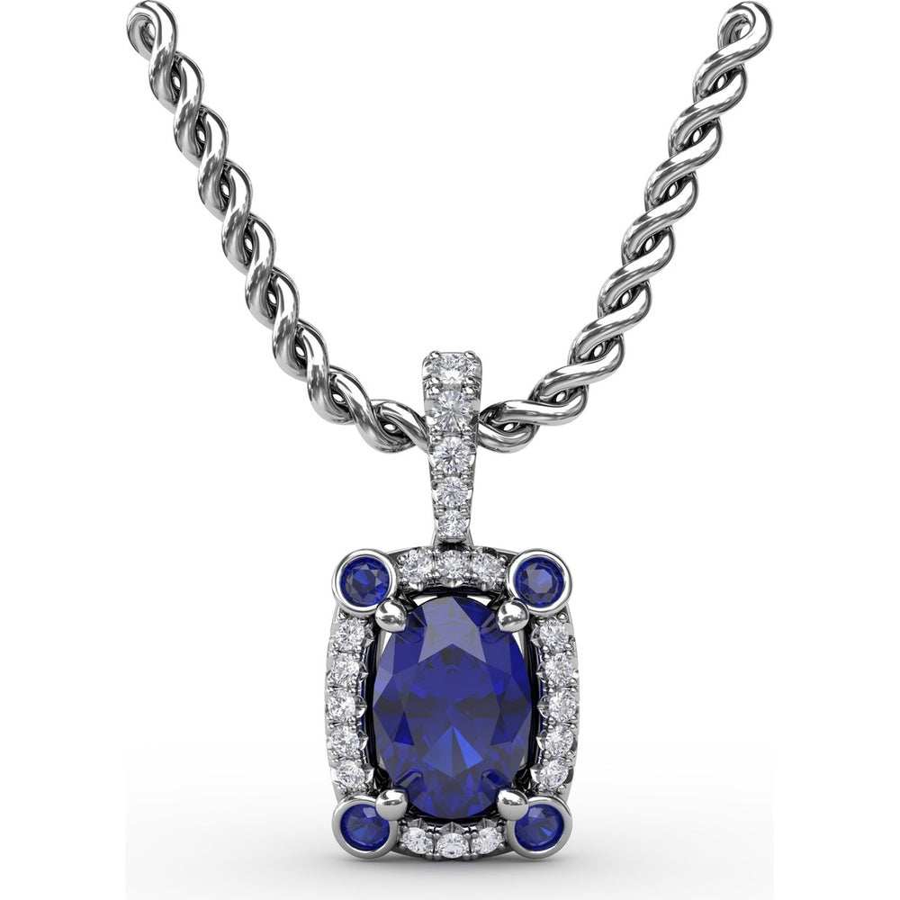 Cushion-Cut Sapphire Pendant with Pavé Diamond Halo and Bezel-Set Accent Stones by Fana - 1.33 Carat Total Gemstone Weight