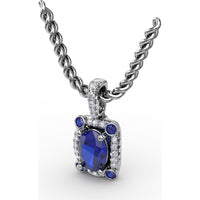 Cushion-Cut Sapphire Pendant with Pavé Diamond Halo and Bezel-Set Accent Stones by Fana - 1.33 Carat Total Gemstone Weight