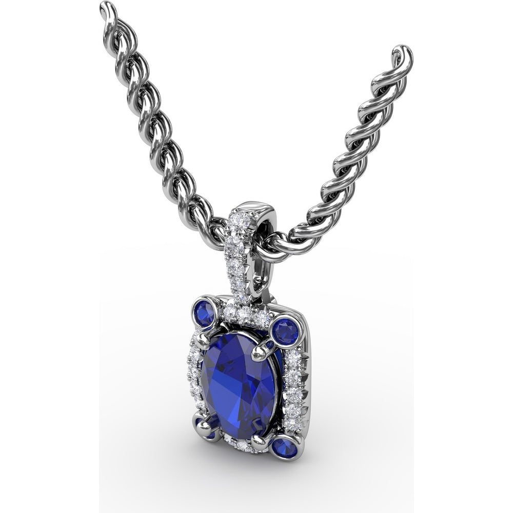 Cushion-Cut Sapphire Pendant with Pavé Diamond Halo and Bezel-Set Accent Stones by Fana - 1.33 Carat Total Gemstone Weight