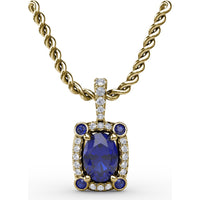 Cushion-Cut Sapphire Pendant with Pavé Diamond Halo and Bezel-Set Accent Stones by Fana - 1.33 Carat Total Gemstone Weight