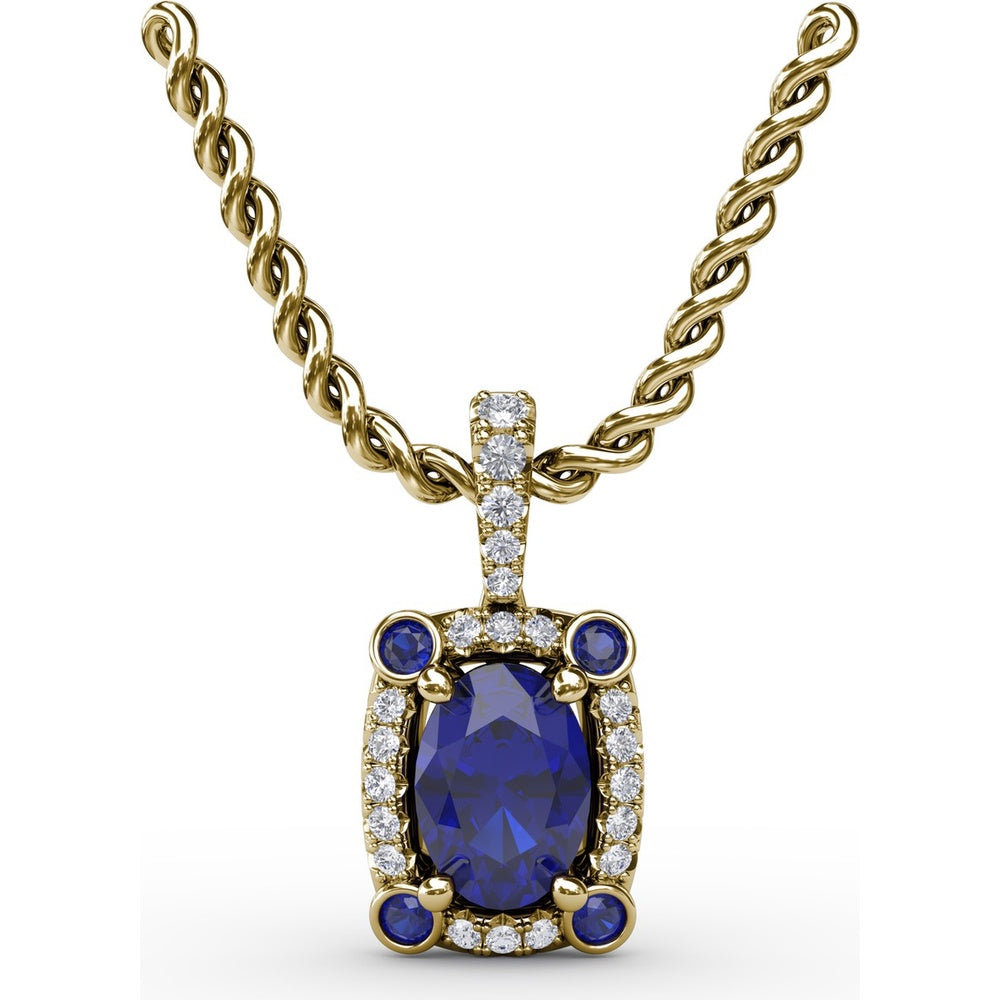 Cushion-Cut Sapphire Pendant with Pavé Diamond Halo and Bezel-Set Accent Stones by Fana - 1.33 Carat Total Gemstone Weight