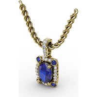 Cushion-Cut Sapphire Pendant with Pavé Diamond Halo and Bezel-Set Accent Stones by Fana - 1.33 Carat Total Gemstone Weight
