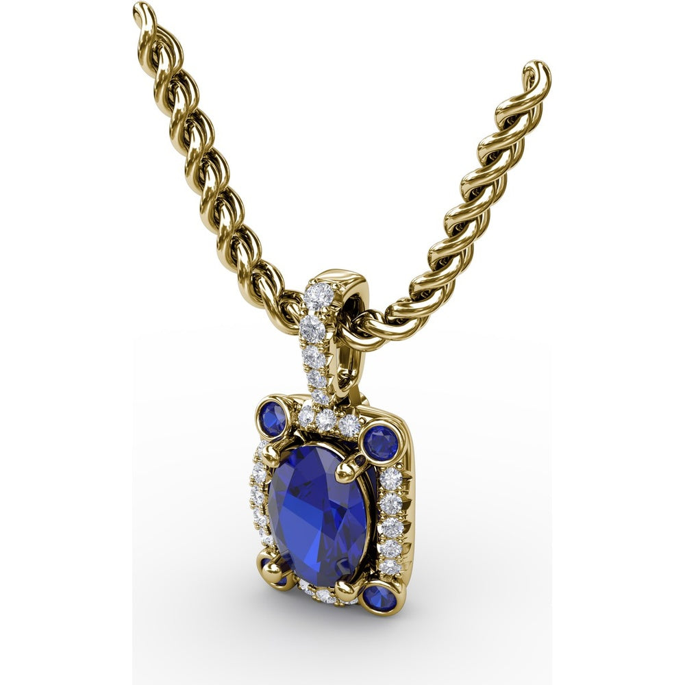Cushion-Cut Sapphire Pendant with Pavé Diamond Halo and Bezel-Set Accent Stones by Fana - 1.33 Carat Total Gemstone Weight