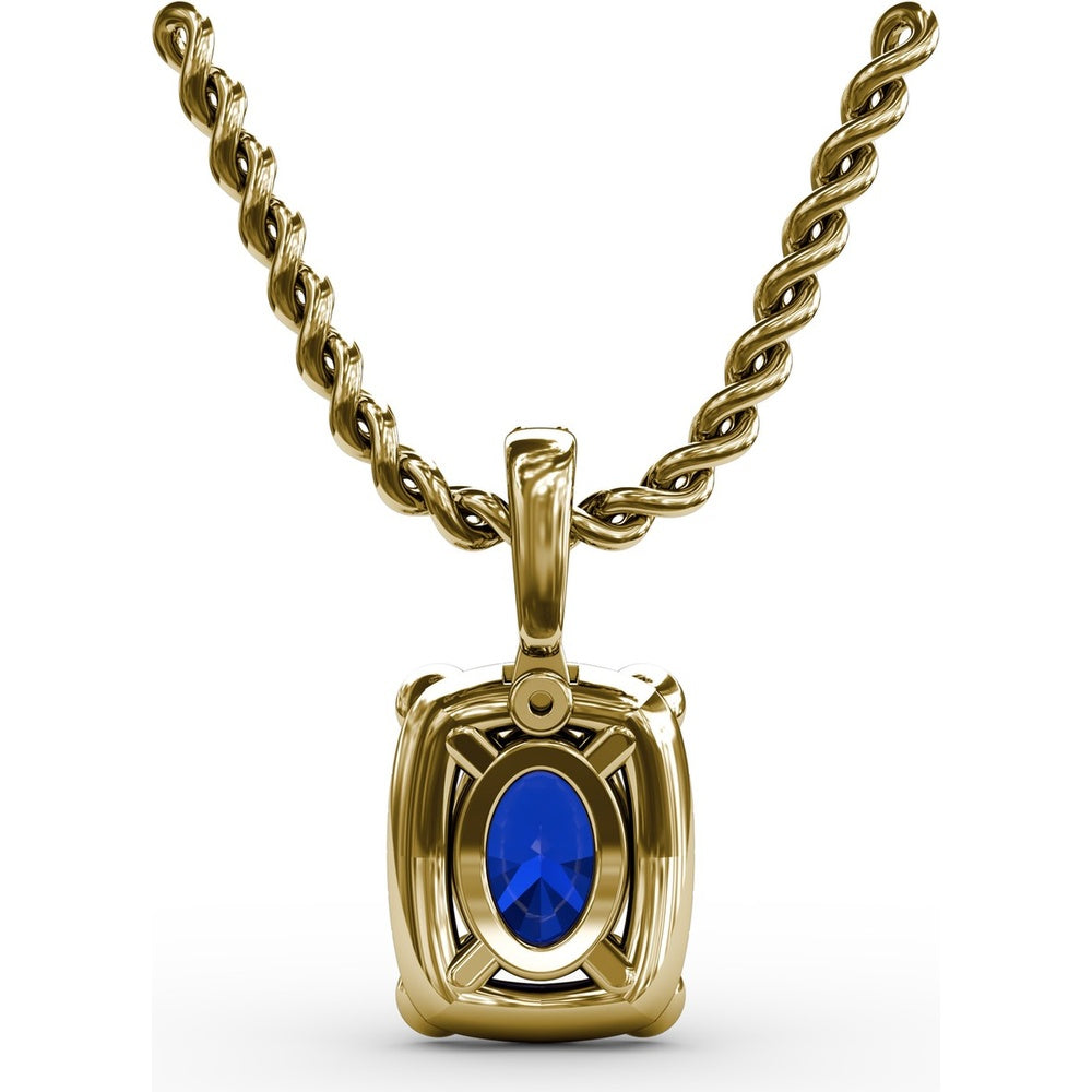 Cushion-Cut Sapphire Pendant with Pavé Diamond Halo and Bezel-Set Accent Stones by Fana - 1.33 Carat Total Gemstone Weight