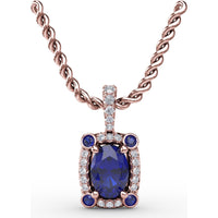 Cushion-Cut Sapphire Pendant with Pavé Diamond Halo and Bezel-Set Accent Stones by Fana - 1.33 Carat Total Gemstone Weight