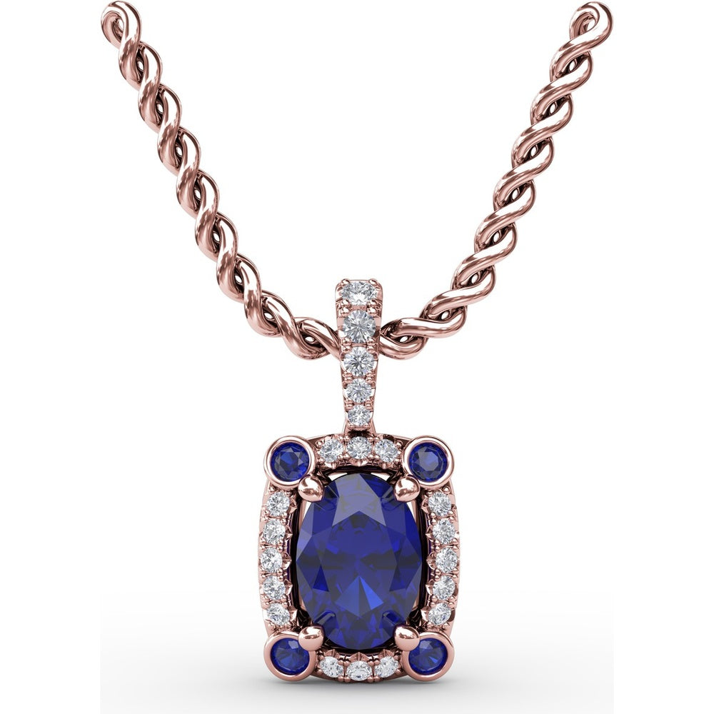 Cushion-Cut Sapphire Pendant with Pavé Diamond Halo and Bezel-Set Accent Stones by Fana - 1.33 Carat Total Gemstone Weight