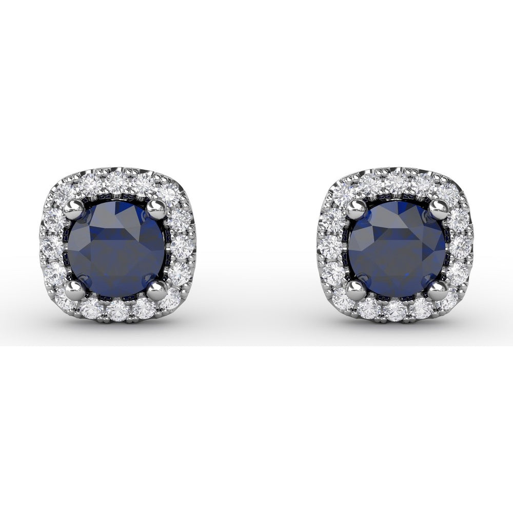Cushion Cut Sapphire Stud Earrings with Pavé Diamond Halo by Fana - 0.84 Carat Total Gemstone Weight