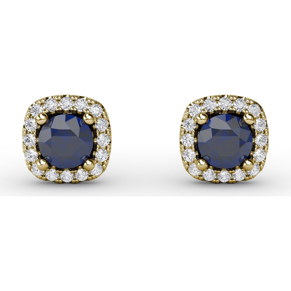 Cushion Cut Sapphire Stud Earrings with Pavé Diamond Halo by Fana - 0.84 Carat Total Gemstone Weight